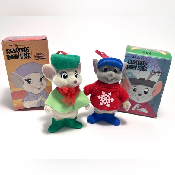 Miss Bianca & Bernard vintage 1990 McDonald's Christmas flocked tree ornaments. - Picture 1 of 9